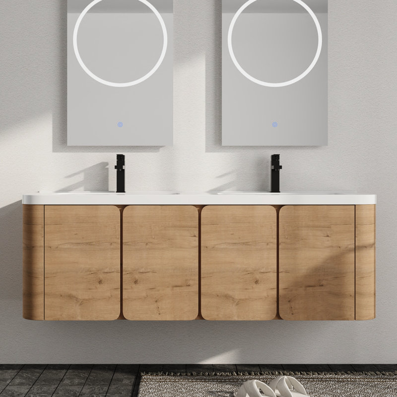 Ensemble de meuble-lavabo mural double 60 po avec plateau en résine Warnor, ensemble de meuble-lavabo double 60 po avec lavabo en résine