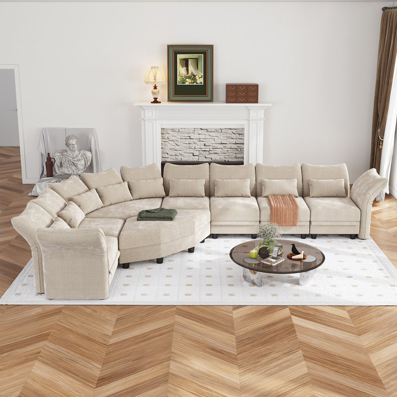 Canapé modulaire de coin en L en chenille avec repose-pieds Ahren, Chenille beige