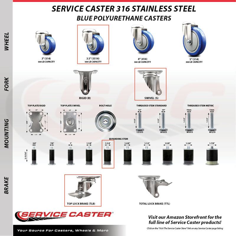 3.5 Inch 316SS Poly Swivel 1-1/4 Inch Expanding Stem Caster Set Brake SCC, Black