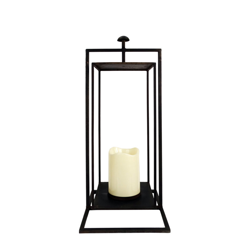 19" Gray Iron Hanging Lantern with Glass Candle Compartment