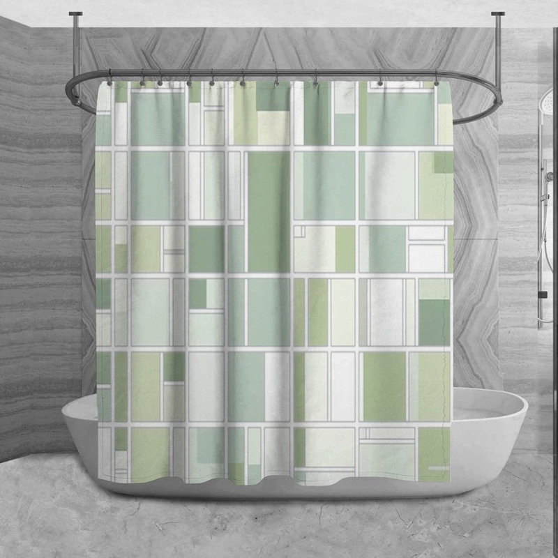Kryslin Shower Curtain Pattern Bath Mat Bathroom Decor Green/White, 73" H x 70" W