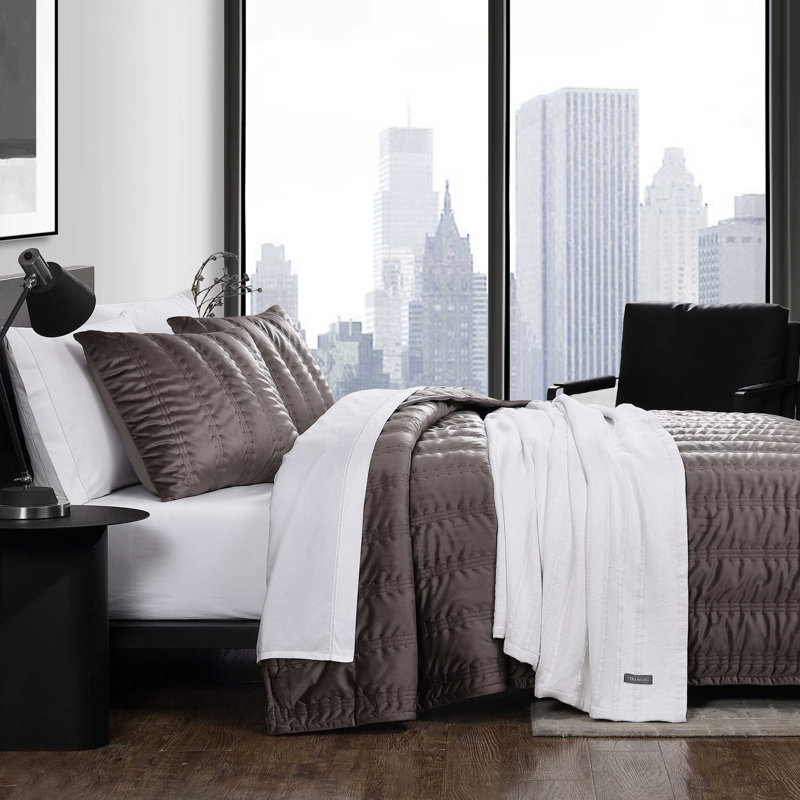 Vera Wang Linear Stitch Solid Quilt Set, Queen Quilt + 2 Standard Shams, Plum Brown