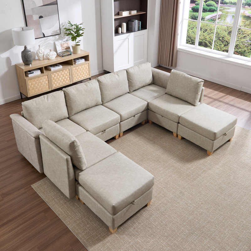 8-Piece Modern Upholstered Sectional Sofa, Beige Faux Leather, Natural