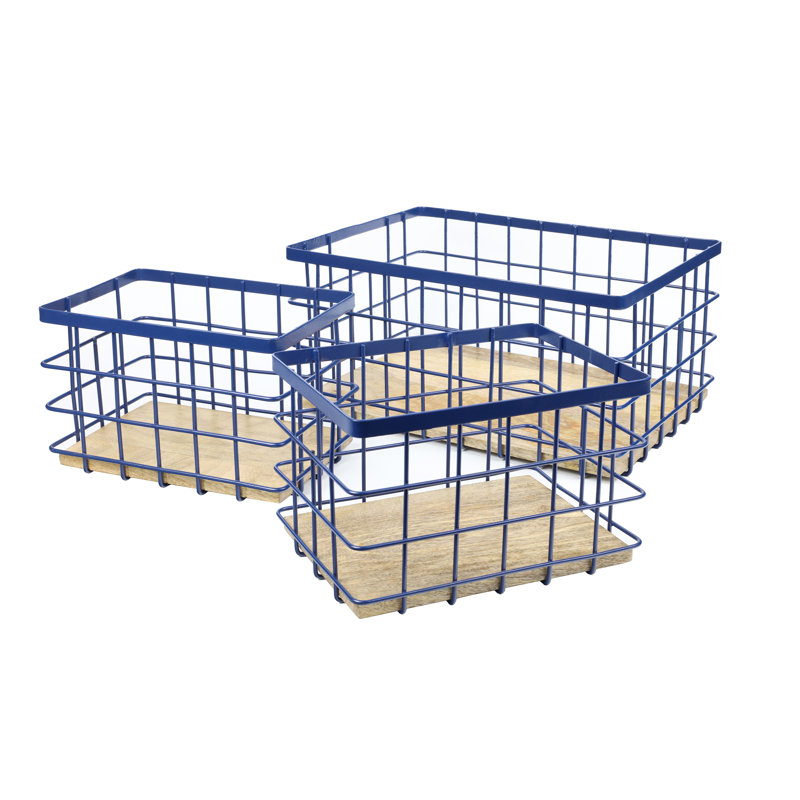 Evvie Vintage Farmhouse Handmade Wire Metal Nesting Storage Baskets with Wood Base (Set of 3), Navy/Natural