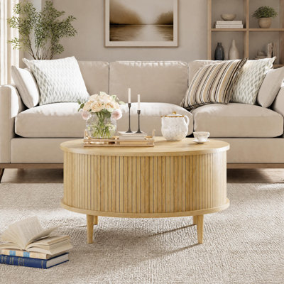 Round Coffee Table with Lift Top Storage, Modern Black Fluted Wood Center Table with Cabinets for Living Room, Small Space