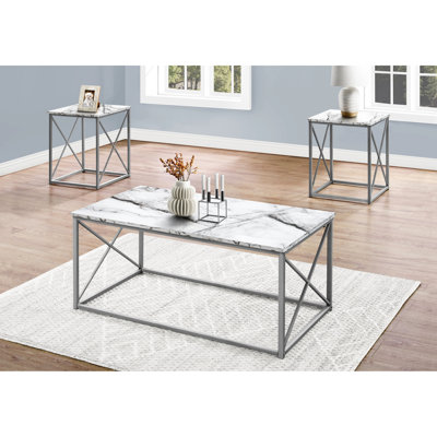 Modern 3Pcs Table - Coffee & 2 End Tables, White Marble Surface, Grey Metal Base For Site Look,
