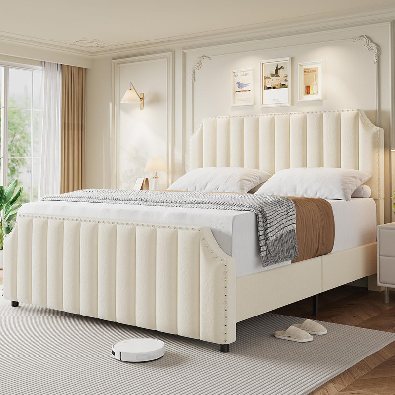 Queen Platform Bed Frame, Upholstered Bed Frame with Headboard and Footboard, Queen Size Bed Frame with Strong Wooden Slats Support, No Box Spring Required Queen Bed Frame, Beige