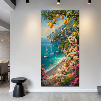  Amalfi Coast Canvas Wall Art, Italian Coastal Scenery Pictures Lemon Tree Wall Art, Mediterranean Home Decor Modern Amalfi Travel Poster, Italy Positano Artwork for Living Room Decor 16x32 Inch