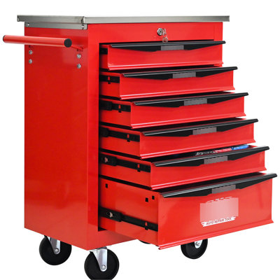 6 Drawers, Tool Cart, Wheels, Garage Warehouse, Steel, Smooth Steel Countertop, Universal Locking, Key Protection Storage - Bearing Drawer Slides, 4 , Pull Handle, Easy Movement