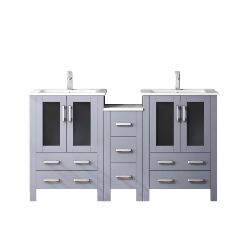 Meuble-lavabo double gris foncé de 60 po L, plateau en céramique blanche, robinet, sept tiroirs, rangement, Dark Grey