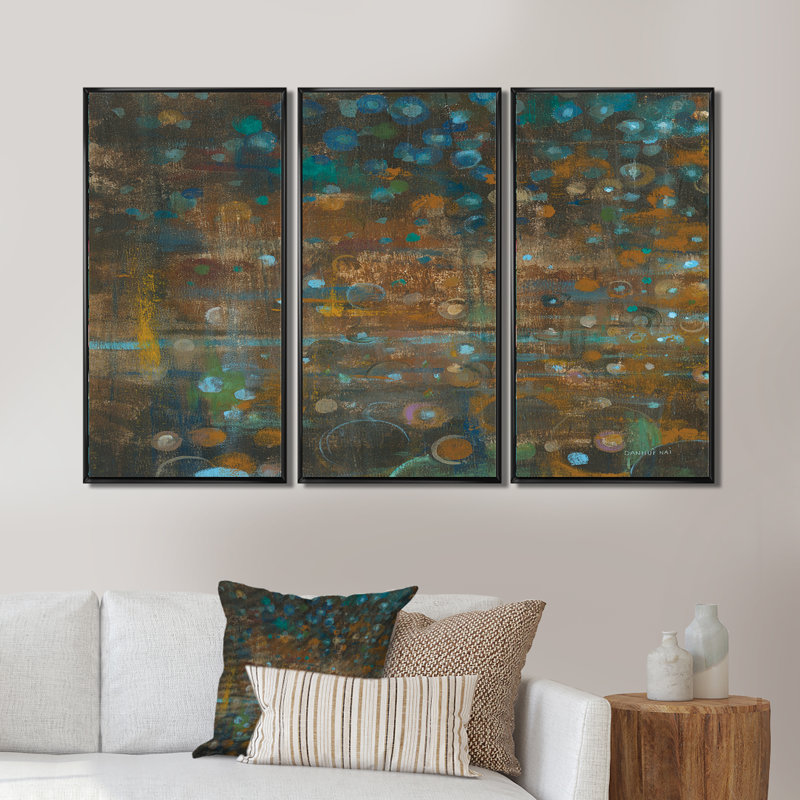 «Blue and Bronze Dots On Glass III - Cabin & Lodge», ensemble de 3 toiles encadrées, 20" H x 36" W x 1" D, Cadre noir