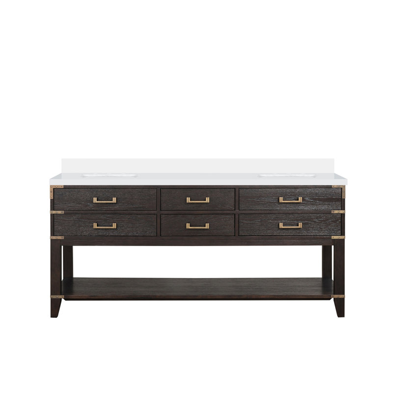Double Bath Vanity with Quartz Top, Brown Oak