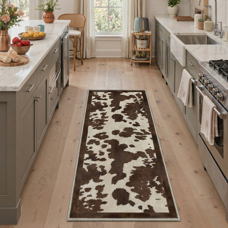 Aura Rustic Cowhide Machine Washable Beige / Brown Indoor Area Rug with Non-Slip Backing, Runner 2'3" x 6'