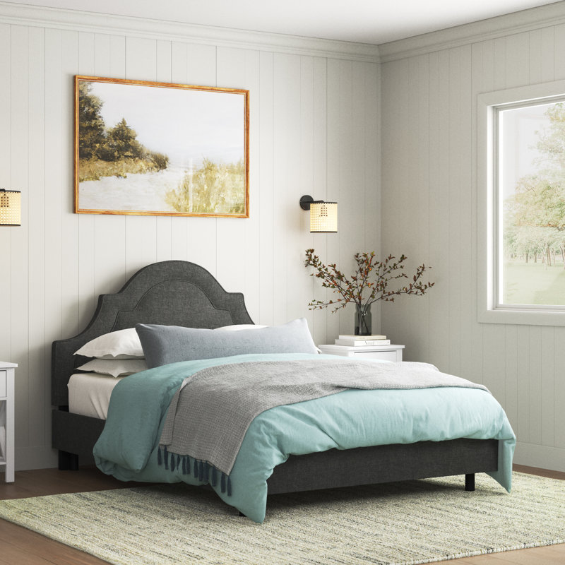 Lit plateforme tapissier Knipe, Lin gris anthracite texturé Zuma, Grand