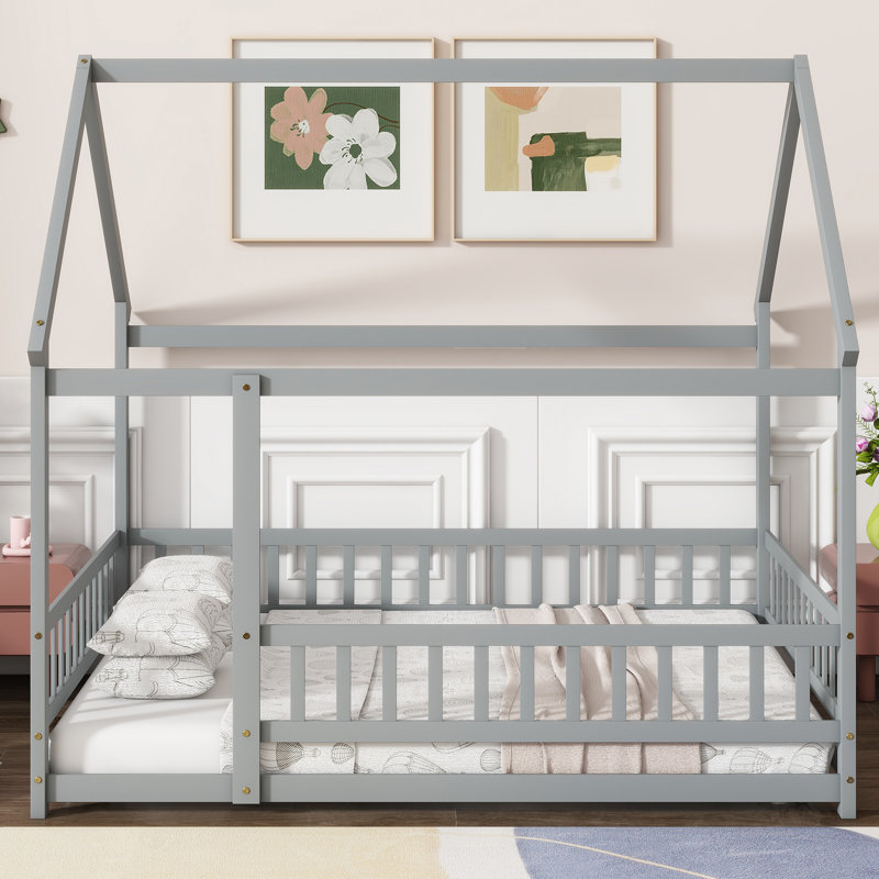 Aulora Full Size Wooden House Floor Bed With Roof Frame And Safety Guardrails, Gray