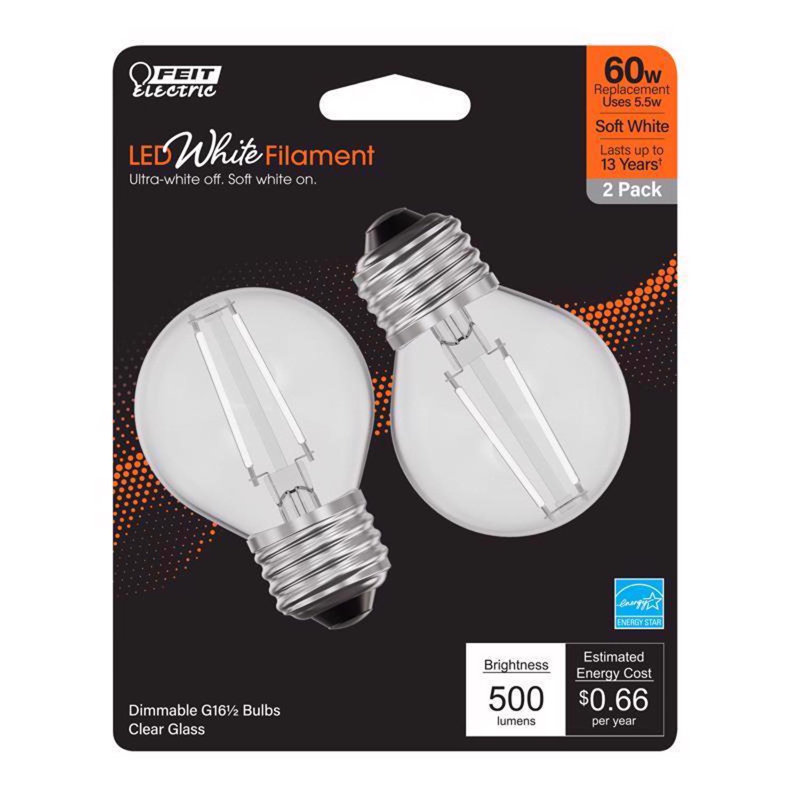 Ampoule à filament DEL blanc moyen G16.5 E26 Feit, blanc doux, équivalente à 60 watts, paquet de 2, 5,5 W