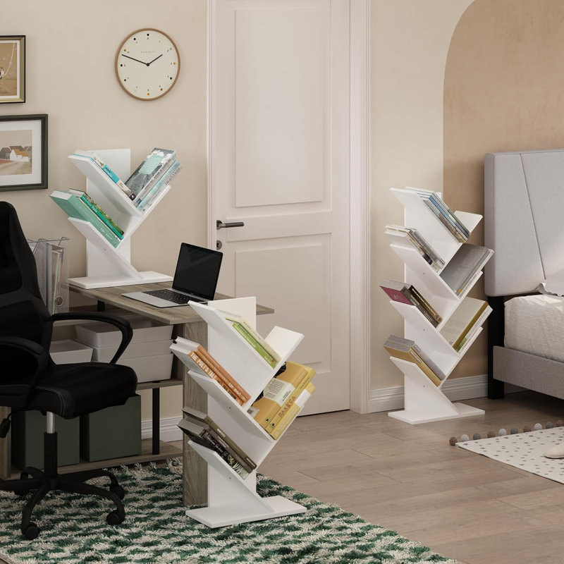 Tree Bookshelf Floor Standing Tree Bookcase, White, White, (5 Shelves) 30.32"H x 15.75"W x 8.39"D
