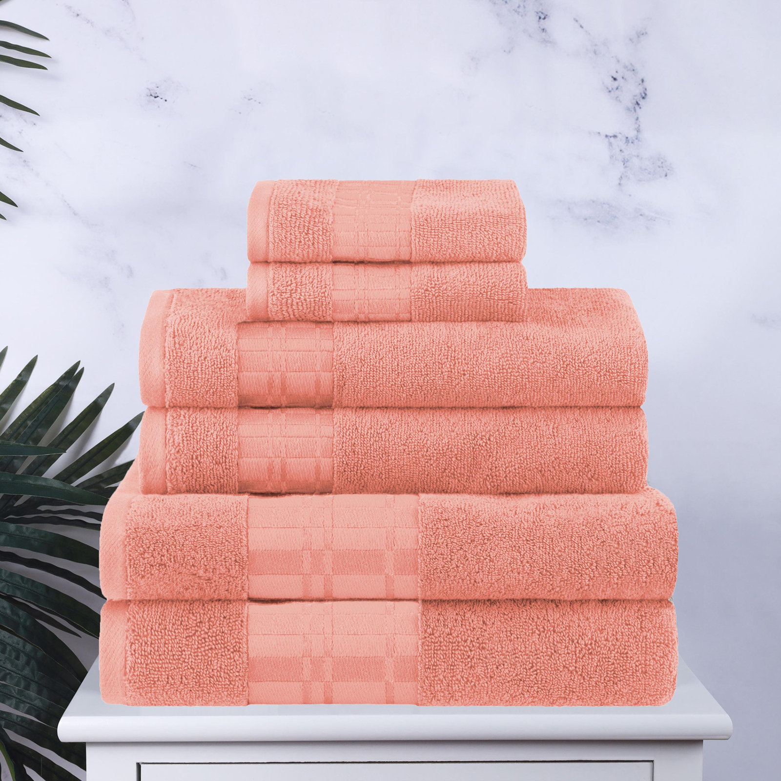Mikira 6-Piece Geometric Border Towel Set, Coral