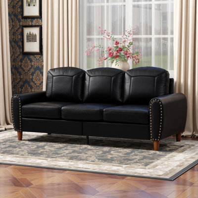 81" Upholstered PU Leather 3-Seater Sofa with Nails Classic Couch for Living Room