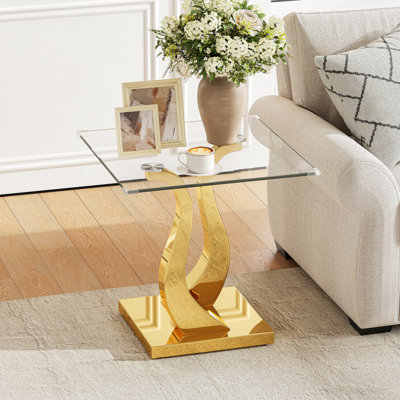 Table de bout carrée en verre trempé de 23,62 po avec base en acier inoxydable poli double, table d'appoint moderne pour le salon