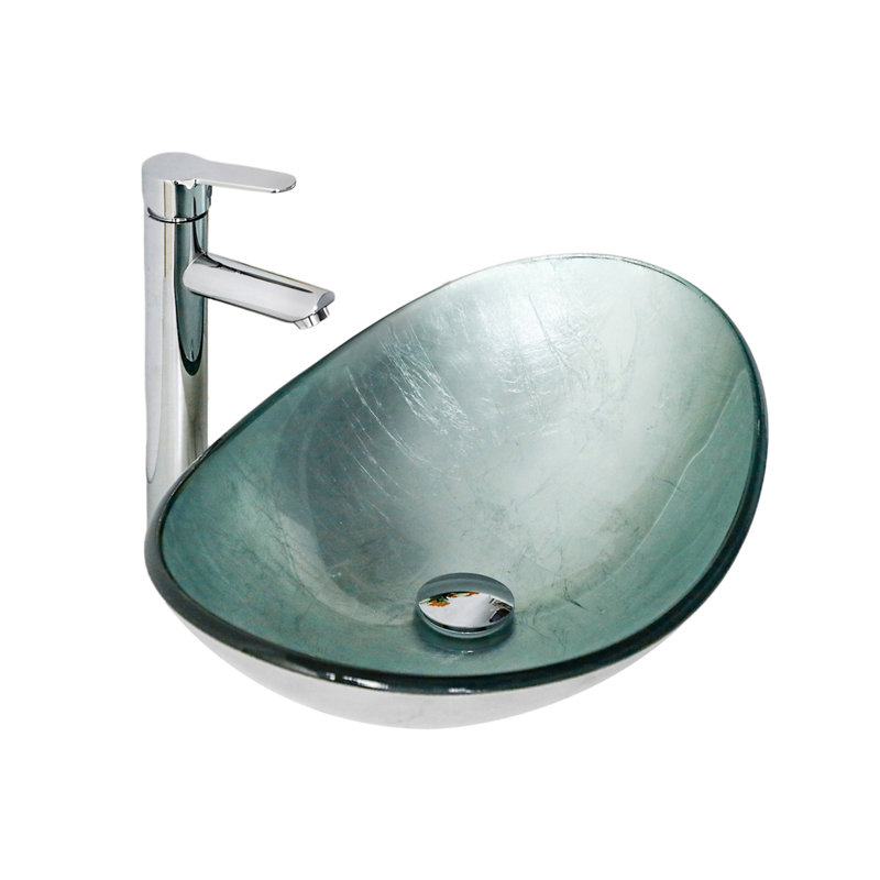 Lavabo de salle de bain vasque argenté en verre trempé avec bonde escamotable Chrome, Argent argent, Argent