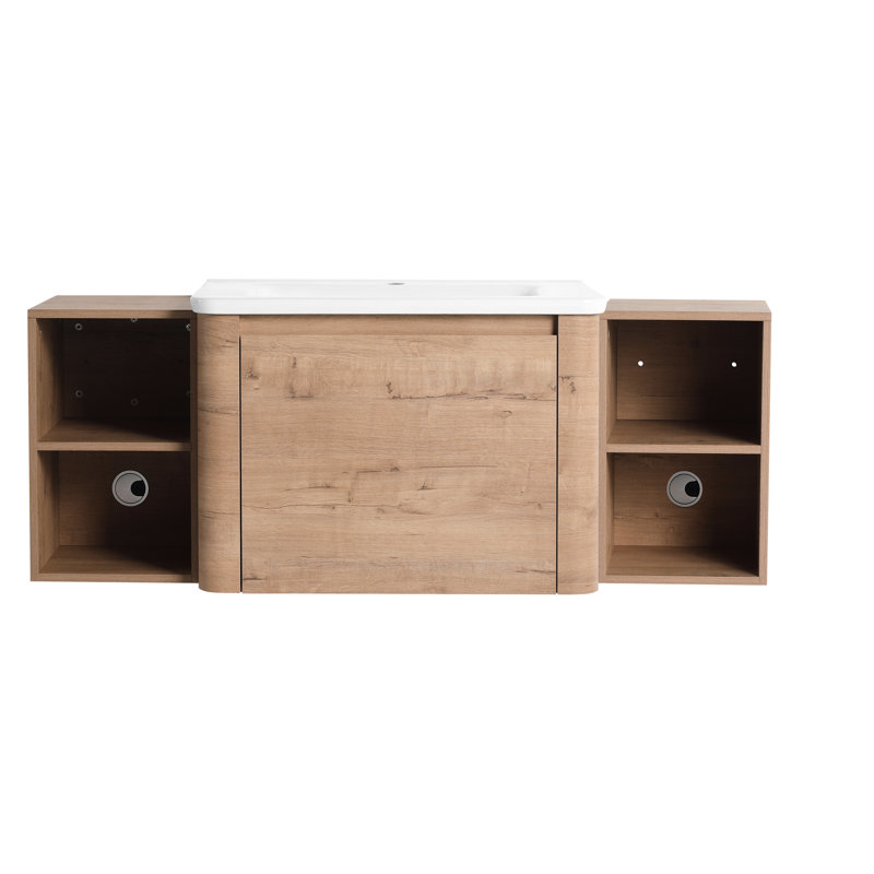 Meuble-lavabo mural 52 po avec lavabo en céramique blanche, tablettes de rangement, bords arrondis et charnières à fermeture douce, surface de lavabo facile à nettoyer