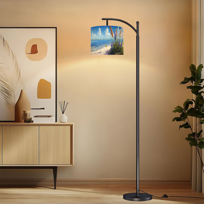 Arc Floor Lamp with Adjustable Lampshade Beach Blue Ocean Sea Wave Modern Marsh Reeds Coastal Wetland Blue Standing Lamp 3 Color Temperatures Dimmable Tall Pole Lamp with Foot Switch for Bedroom