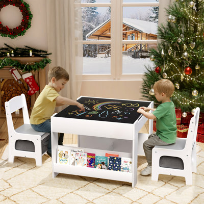 Kids Table And Chairs Set, 4 In 1 Toddler Art Desk With Storage Drawer, Wooden Activity Deskboard, Blackboard, Reversible & Detachable Tabletop, Books