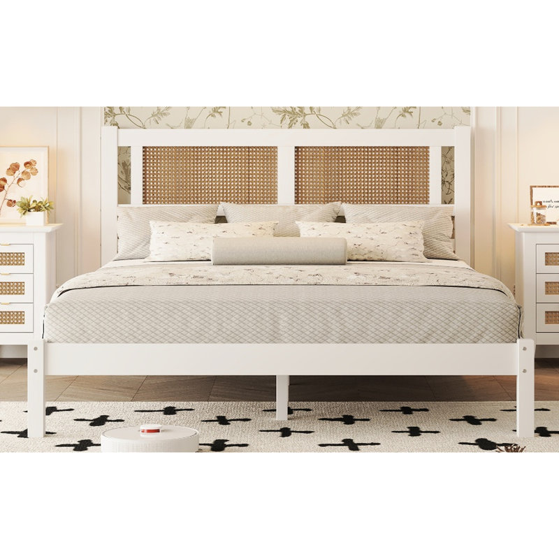 Grand lit minimaliste avec tête naturelle - Chambre à coucher, plateforme à la mode pour tête de lit, élégant et blanc