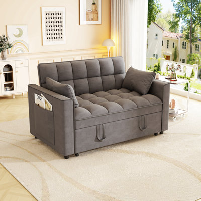 Sleeper Sofa Couch W/Pull Out Bed, Modern Velvet Convertible Sleeper Sofa Bed, Small Love Seat Sofa Bed W/Pillows & Side Pockets