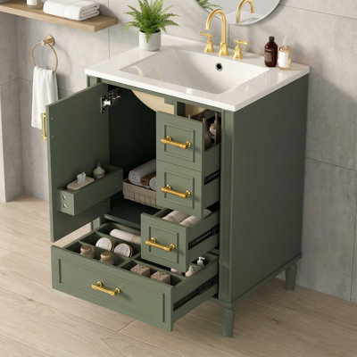 Meuble-lavabo moderne de 24 po avec lavabo en céramique, porte à fermeture en douceur, 3 tiroirs, détails dorés et support peu encombrant - certifié EPA / UpC