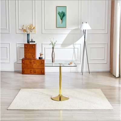 38.5-inch Modern Minimalist Square Glass Dining Table with Single-Column Metal Base. Gold, Home dining table. Suitable for 2–4 people.