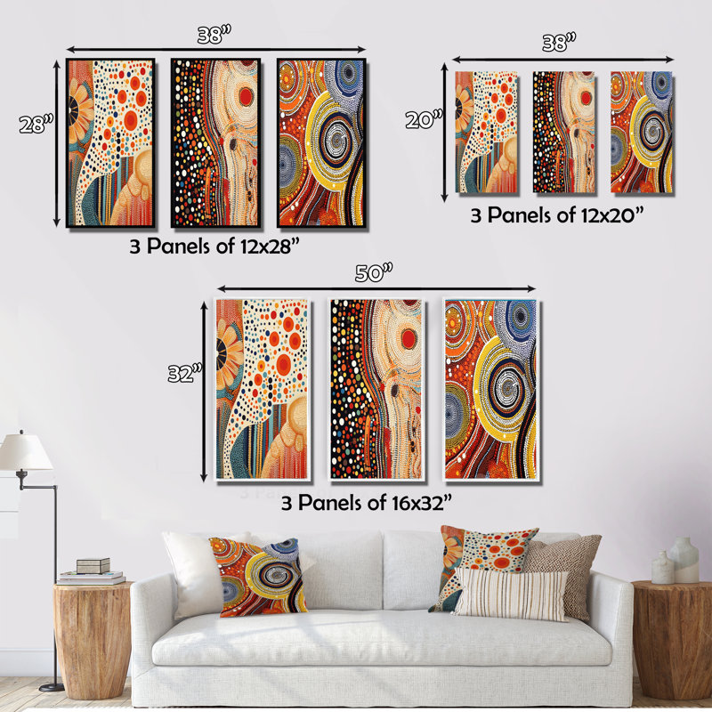 Aboriginal Circular Dot Art Compositions III - Transitional Art Set Of 3 Pieces, H 20 po x l 36 po, Toile tendue