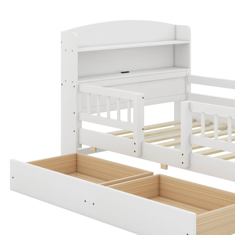 Lit simple avec lumière DEL, tête de lit multifonctionnelle et tiroirs, Blanc