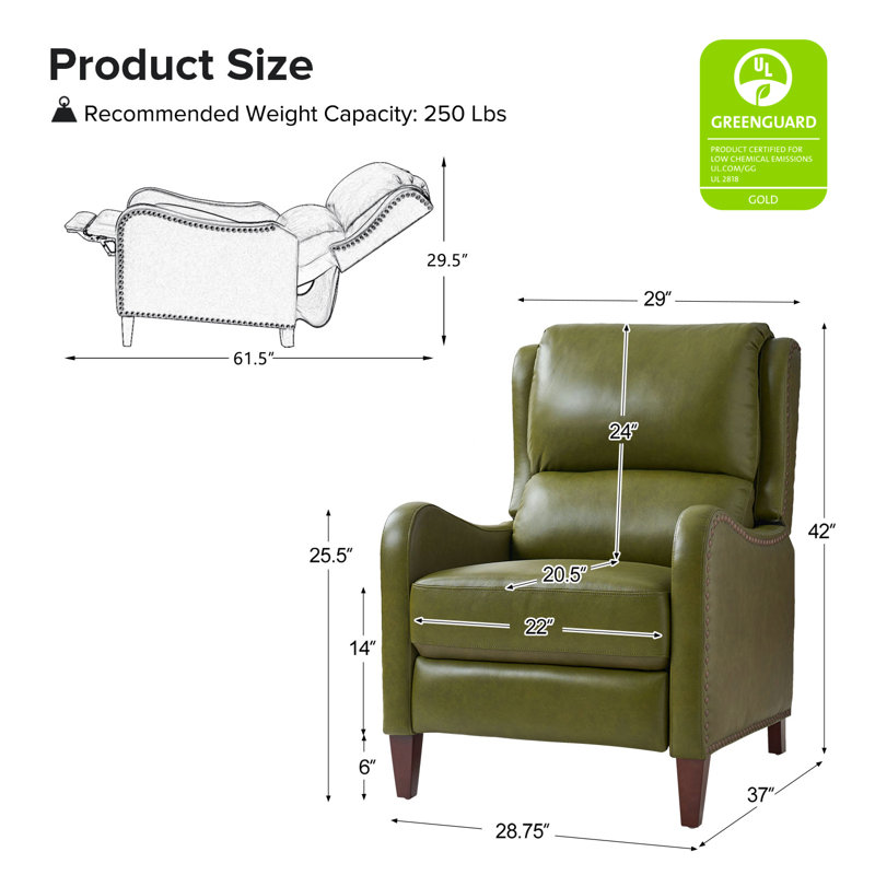 Fauteuil inclinable en cuir Beecher 28,75 po, Cuir pleine fleur olive