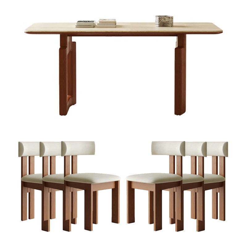 Ancient Style Rectangular Rock Plate Dining Table 6 - Person Double Pedestal Dining Set, 29.53"H x 63"L x 31.5"W