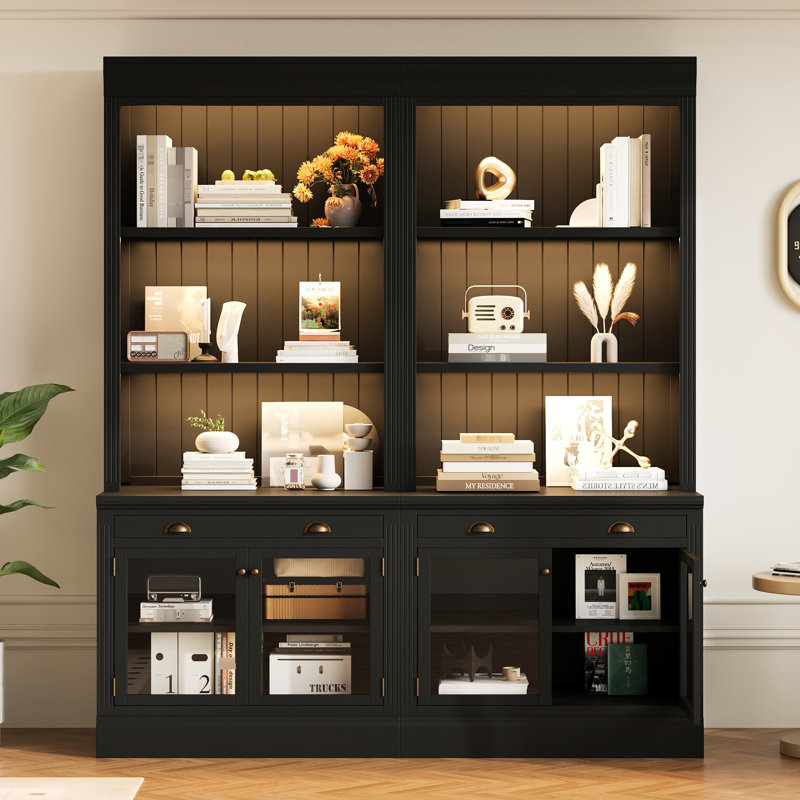 Suite de 83,4 po de hauteur avec bibliothèque à DEL de style moderne avec éclairage à DEL, 2 portes en verre transparent, tiroirs et tablettes fixes / réglables pour l'organisation des tiroirs de décoration intérieure