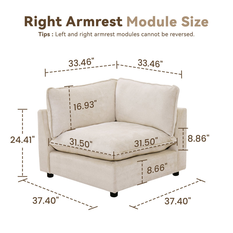 37.4" Heffernan Accent Chair Modular Sectional Sofa, Beige Chenille