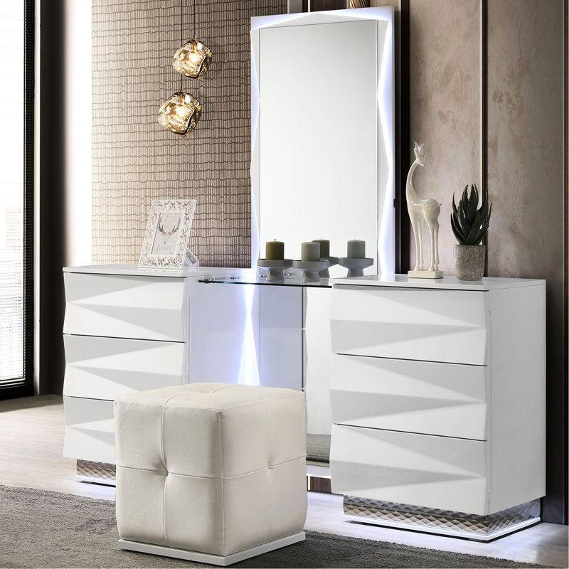 Meuble-lavabo contemporain blanc avec miroir et tiroirs pour la chambre à coucher, avec hévéa, assemblage simple, chambre à presse à membrane de style moderne, tiroirs de rangement, fabriqué en
