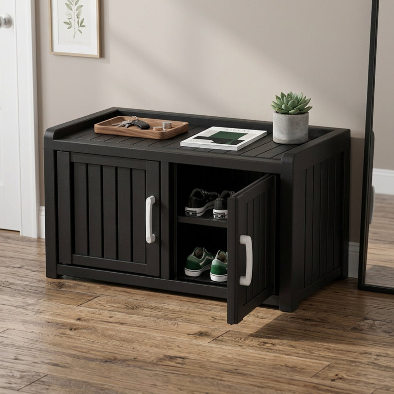 32" Outdoor Shoe Storage Cabinet With 2 Doors, Waterproof Uv-Resistant Resin Bench, Black, 17.91" H x 32" W x 17.32" D