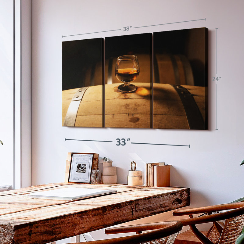 «Whiskey Glass On Barrel» sur toile, H 24 po x l 38 po x P 1,25 po