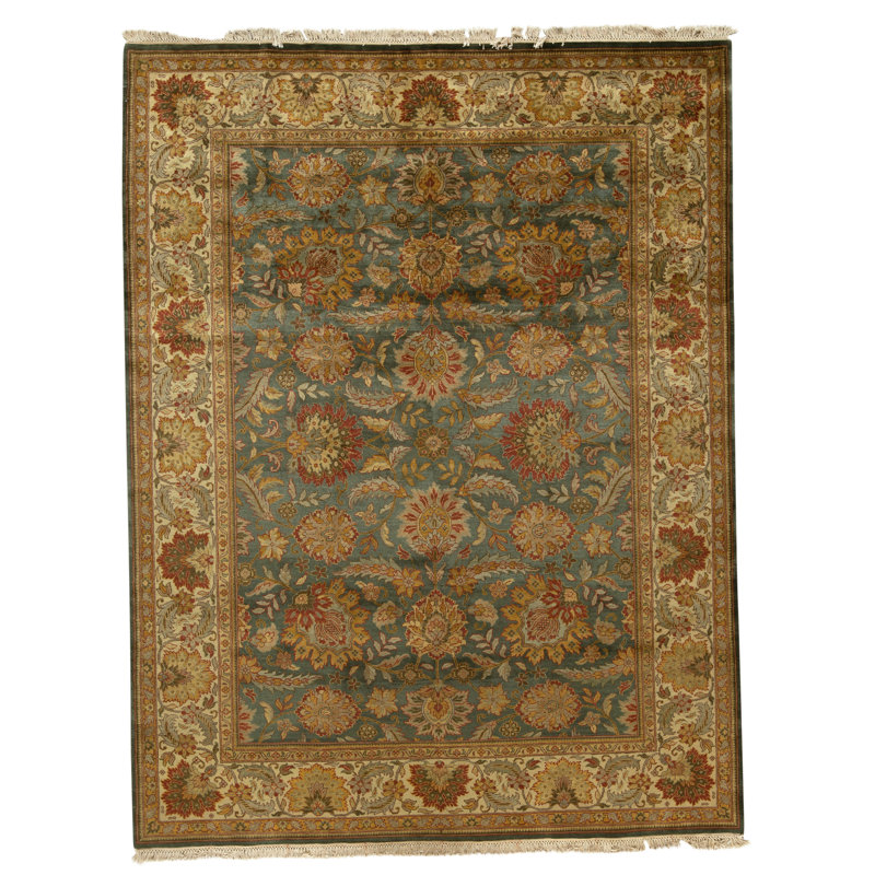 Hand Knotted Wool Oriental Area Rug in Green And Cream