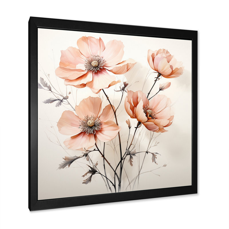 Fleur de pêche minimaliste beige - art mural floral, Cadre simple noir, H 16 po x l 16 po x P 1 po