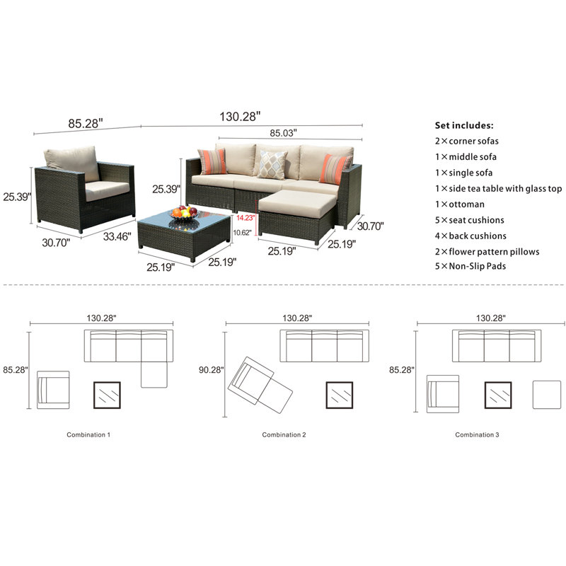 Ensemble de conversation modulaire grande taille avec coussins Sunbrella 6 pièces Ingles