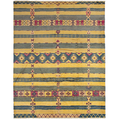 Tapis unique en laine noué à la main jaune et bleu 9 pi 2 po x 11 pi 9 po années 2010 Arelli