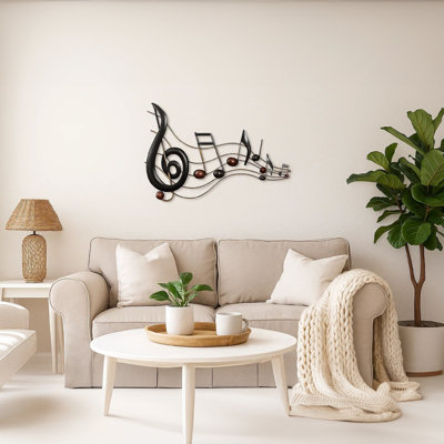 Benzara Wall Accent - 26 Inch Musical Notes and Treble Clef Pattern, Black and Red Metal Wall Decor