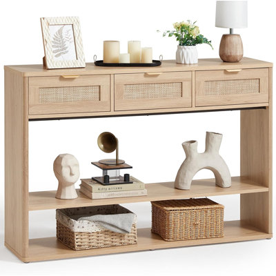 48" Boho Rattan Console Table With 3 Drawers, 3 Tier Wooden Entryway Table With Open Storage Shelf, Narrow Long Behind Couch Sofa Tables For Living Ro by Dakota Fields