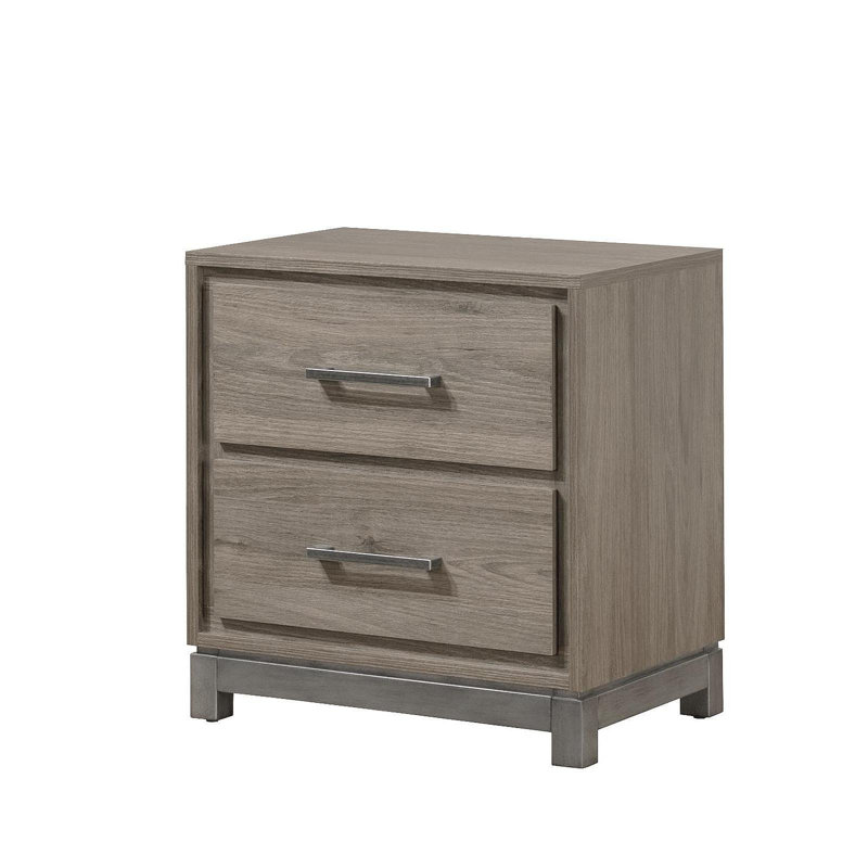 1 table de chevet contemporaine à 2 tiroirs avec poignée en métal et finition chêne gris