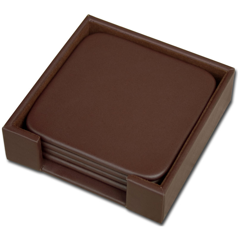 Chocolate Brown Leatherette Square Coaster Set with Holder