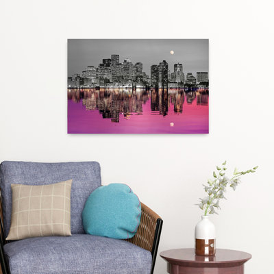 Skyline With Harbor In The Foreground And Moon Above Color Pop Boston Massachusetts Colorful Abstract Contemporary City Architecture Art
